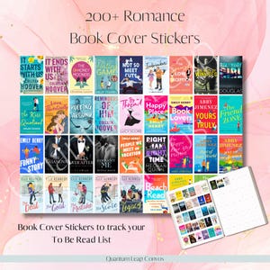 Peut inclure: Une collection d'autocollants de couvertures de livres de romance, avec des titres tels que "It Ends With Us" et "Happy Place". L'image comprend un planificateur avec des autocollants et le texte "200+ Romance Book Cover Stickers" et "To Be Read List".