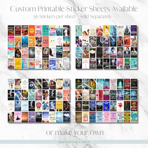 Pu&ograve; includere: Quattro fogli di adesivi personalizzabili stampabili, ciascuno con 36 adesivi. Gli adesivi presentano copertine di libri con titoli come "Happy Place", "Love" e "Heart Bones". Il testo "Custom Printable Sticker Sheets Available" &egrave; in alto.