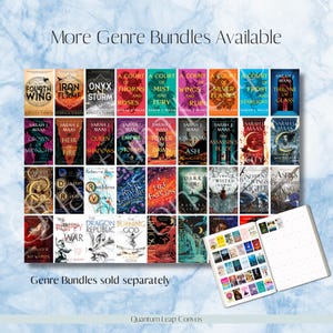 May include: A collection of fantasy book covers, featuring titles like "Fourth Wing," "Iron Flame," and "A Court of Thorns and Roses." The image includes a notebook with miniature book covers and text that reads "More Genre Bundles Available."