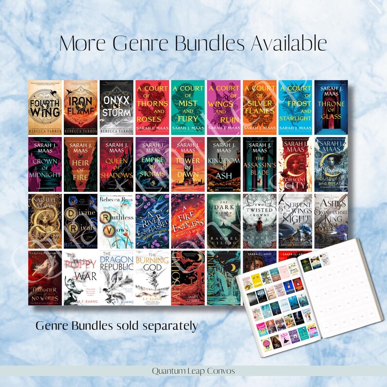 May include: A collection of fantasy book covers, featuring titles like "Fourth Wing," "Iron Flame," and "A Court of Thorns and Roses." The image includes a notebook with miniature book covers and text that reads "More Genre Bundles Available."