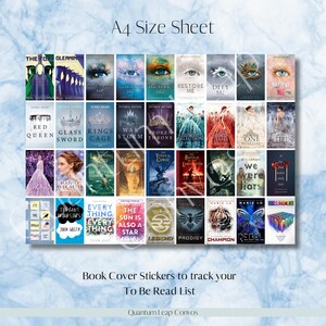 May include: An A4 size sheet featuring a collection of book cover stickers. The stickers showcase various book titles with colorful illustrations. Text on the sheet reads "Book Cover Stickers to track your To Be Read List."