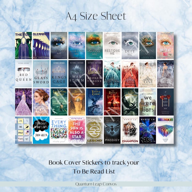 May include: An A4 size sheet featuring a collection of book cover stickers. The stickers showcase various book titles with colorful illustrations. Text on the sheet reads "Book Cover Stickers to track your To Be Read List."