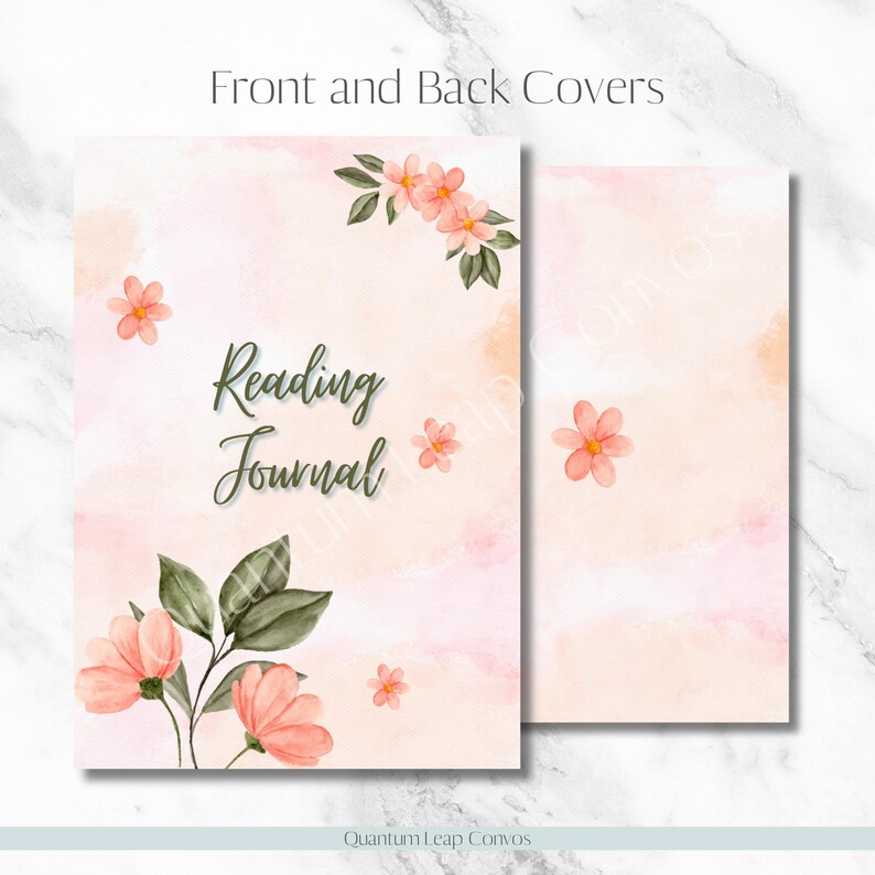 Op de afbeelding: Een bloemen leesdagboek met voor- en achterkant. De voorkant toont de tekst "Reading Journal" in een scriptlettertype, met aquarelbloemen en bladeren in roze en groen. De achterkant heeft een enkele bloem.
