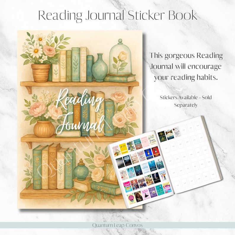 May include: A watercolor-style Reading Journal Sticker Book with a decorative bookshelf design. The cover features the words "Reading Journal" and the text "Reading Journal Sticker Book". An open book with stickers is shown.