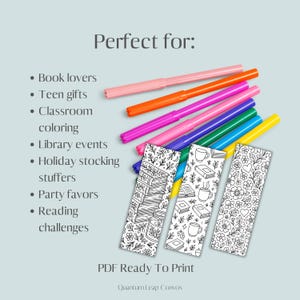 May include: Printable bookmarks with floral, book, and coffee cup designs, and a set of colourful markers. The text "PDF Ready To Print" is visible. The bookmarks are for book lovers and reading challenges.
