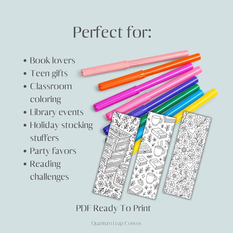 May include: Printable bookmarks with floral, book, and coffee cup designs, and a set of colourful markers. The text "PDF Ready To Print" is visible. The bookmarks are for book lovers and reading challenges.