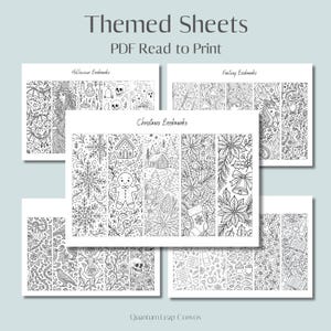 May include: Printable PDF bookmark sheets with themed designs. The image shows several sheets of bookmarks, including Halloween, Christmas, and fantasy designs. Each bookmark features detailed black and white illustrations, ideal for colouring.
