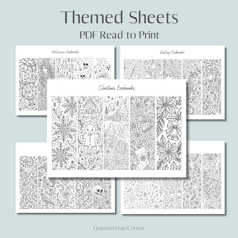 May include: Printable PDF bookmark sheets with themed designs. The image shows several sheets of bookmarks, including Halloween, Christmas, and fantasy designs. Each bookmark features detailed black and white illustrations, ideal for colouring.