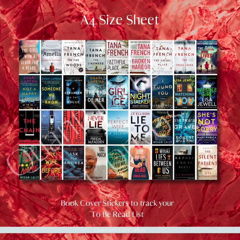 Puede incluir: Una hoja A4 de pegatinas de portadas de libros, dise&ntilde;adas para hacer un seguimiento de una lista de "Leer". Las pegatinas presentan varios t&iacute;tulos de libros. La imagen tiene un fondo de m&aacute;rmol rojo e incluye texto en la parte superior e inferior.