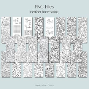 May include: A selection of black and white printable bookmarks featuring diverse designs, such as floral patterns, reading trackers, and illustrations. The text "PNG Files" and "Perfect for resizing" are at the top. The bottom of the image displays "Quantum Leap Convos".