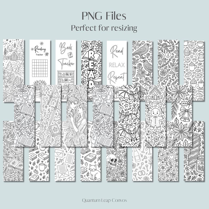 May include: A selection of black and white printable bookmarks featuring diverse designs, such as floral patterns, reading trackers, and illustrations. The text "PNG Files" and "Perfect for resizing" are at the top. The bottom of the image displays "Quantum Leap Convos".