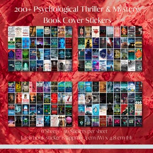 Puede incluir: Una colecci&oacute;n de m&aacute;s de 200 pegatinas de portadas de libros de suspense psicol&oacute;gico y misterio. Cada pegatina mide aproximadamente 3 cm de ancho y 4,8 cm de alto. La imagen incluye el texto "200+ Psychological Thriller & Mystery Book Cover Stickers."