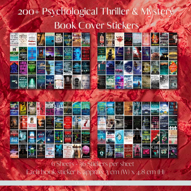Puede incluir: Una colecci&oacute;n de m&aacute;s de 200 pegatinas de portadas de libros de suspense psicol&oacute;gico y misterio. Cada pegatina mide aproximadamente 3 cm de ancho y 4,8 cm de alto. La imagen incluye el texto "200+ Psychological Thriller & Mystery Book Cover Stickers."