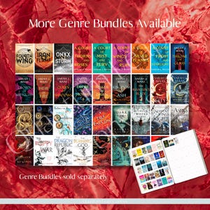 Puede incluir: Una colecci&oacute;n de novelas de fantas&iacute;a con portadas coloridas, incluyendo t&iacute;tulos como "Fourth Wing", "Iron Flame" y "A Court of Thorns and Roses". La imagen tambi&eacute;n presenta un calendario con m&aacute;s portadas de libros y el texto "More Genre Bundles Available."