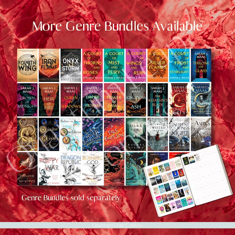 Puede incluir: Una colecci&oacute;n de novelas de fantas&iacute;a con portadas coloridas, incluyendo t&iacute;tulos como "Fourth Wing", "Iron Flame" y "A Court of Thorns and Roses". La imagen tambi&eacute;n presenta un calendario con m&aacute;s portadas de libros y el texto "More Genre Bundles Available."