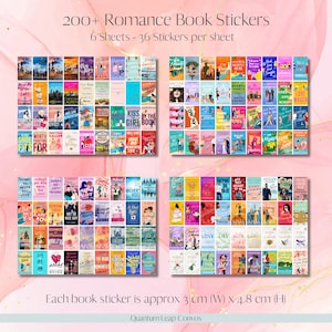 Peut inclure: Ensemble d'autocollants de livres de romance, chacun mesurant environ 3 cm de large et 4,8 cm de haut. L'image pr&eacute;sente plusieurs feuilles d'autocollants, avec le texte "200+ Romance Book Stickers" et "6 Sheets - 36 Stickers per sheet".