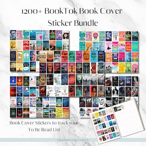 Puede incluir: Un conjunto de pegatinas de portadas de libros, con una variedad de títulos y diseños. Las pegatinas están dispuestas en varios grupos, con el texto "1200+ BookTok Book Cover Sticker Bundle" en la parte superior. Diseñado para rastrear una "To Be Read List".