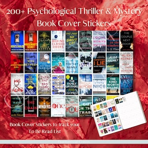 Puede incluir: Una colecci&oacute;n de pegatinas de portadas de libros de thriller psicol&oacute;gico y misterio. La imagen presenta una variedad de portadas de libros, incluyendo t&iacute;tulos como "The Housemaid" y "Verity". Se incluye un cuaderno para rastrear tu lista de lectura.