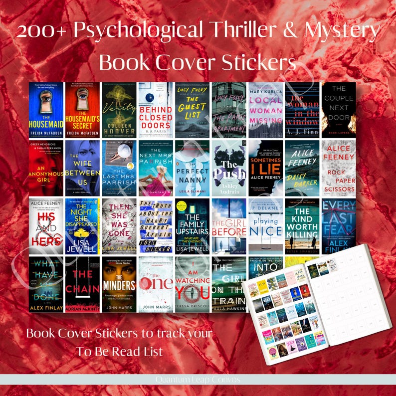 Puede incluir: Una colecci&oacute;n de pegatinas de portadas de libros de thriller psicol&oacute;gico y misterio. La imagen presenta una variedad de portadas de libros, incluyendo t&iacute;tulos como "The Housemaid" y "Verity". Se incluye un cuaderno para rastrear tu lista de lectura.