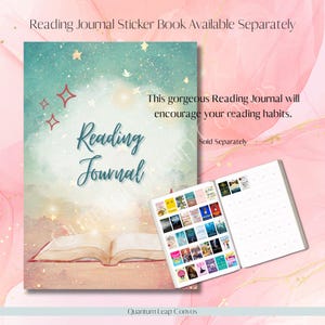 Peut inclure: Un journal de lecture avec une couverture sur le th&egrave;me c&eacute;leste, avec une illustration de livre ouvert et les mots "Reading Journal". L'image comprend un carnet d'autocollants avec des couvertures de livres et le texte "This gorgeous Reading Journal will encourage your reading habits."