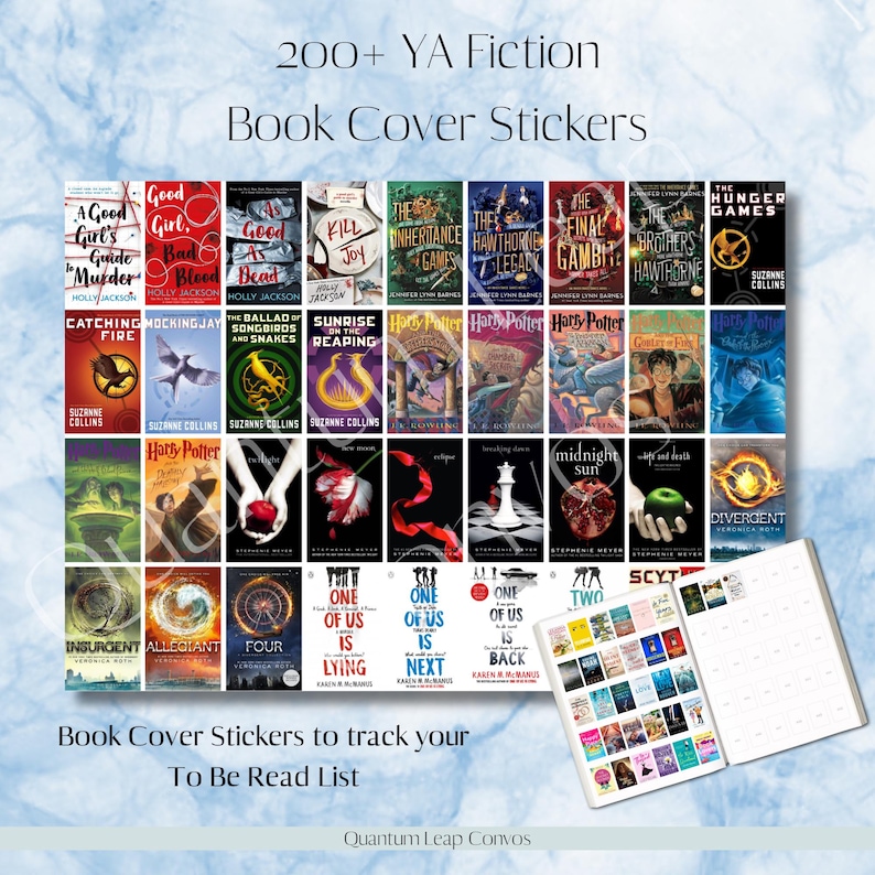 May include: A collection of book cover stickers for YA fiction, featuring titles like "The Hunger Games" and "Harry Potter." The stickers are designed to track a "To Be Read List." The image includes text that reads "200+ YA Fiction Book Cover Stickers."