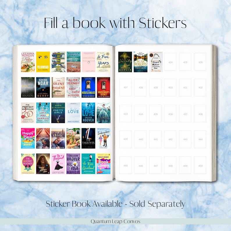 May include: An open book with sticker book covers of various book titles. The text "Fill a book with Stickers" is at the top. The text "Sticker Book Available - Sold Separately" is at the bottom.