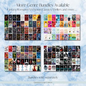 May include: Image of four collections of books, each arranged in a grid. The top text reads "More Genre Bundles Available" and lists genres. The bottom text reads "Bundles sold separately." The books have colorful covers.