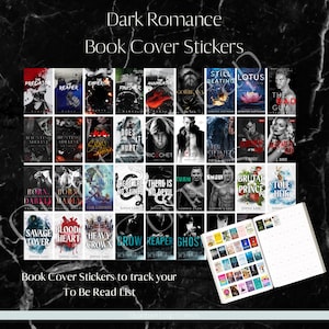 Può includere: Una collezione di adesivi per copertine di libri "Dark Romance", con vari titoli e autori. Gli adesivi sono progettati per tenere traccia di una "Lista di lettura" e sono visualizzati su un taccuino bianco. L'immagine include il testo "Dark Romance Book Cover Stickers".