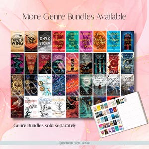 Peut inclure: Image de couvertures de livres de fantasy, avec des titres tels que "Fourth Wing" et "A Court of Thorns and Roses." Le texte "More Genre Bundles Available" et "Genre Bundles sold separately" est &eacute;galement pr&eacute;sent.