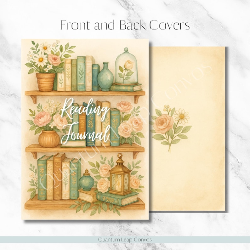 May include: Watercolor illustration of a reading journal with front and back covers. The front cover features a bookshelf with books, flowers, and the words "Reading Journal." The back cover has a floral design.