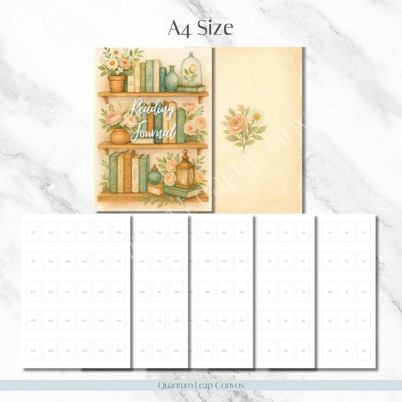May include: A4 size reading journal with a watercolor design. The cover features a bookshelf with books, flowers, and the words "Reading Journal." Additional pages with numbered boxes are included. The background is a marble pattern.