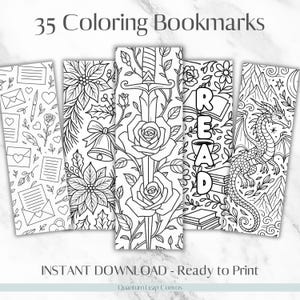 Könnte beinhalten: Set aus fünf schwarz-weißen Malvorlagen-Lesezeichen. Designs umfassen Blumenmuster, ein Schwert durch Rosen, das Wort LESEN und einen Drachen. Der Text "35 Coloring Bookmarks" und "INSTANT DOWNLOAD - Ready to Print" ist ebenfalls sichtbar.