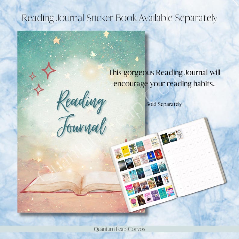 May include: A Reading Journal with a watercolor design, open to reveal blank pages and a sticker sheet. The cover features the words "Reading Journal" in script, with a starry sky background. Text reads "This gorgeous Reading Journal will encourage your reading habits."