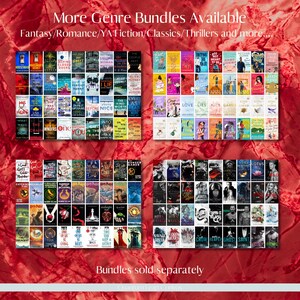 Puede incluir: Imagen de m&uacute;ltiples paquetes de libros con varias portadas, dispuestos en una cuadr&iacute;cula. El texto "More Genre Bundles Available" y "Bundles sold separately" son visibles. Los g&eacute;neros incluyen Fantas&iacute;a, Romance, YA Fiction, Cl&aacute;sicos y Thrillers.