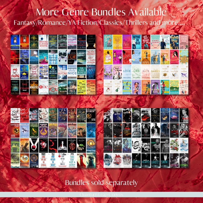 Puede incluir: Imagen de m&uacute;ltiples paquetes de libros con varias portadas, dispuestos en una cuadr&iacute;cula. El texto "More Genre Bundles Available" y "Bundles sold separately" son visibles. Los g&eacute;neros incluyen Fantas&iacute;a, Romance, YA Fiction, Cl&aacute;sicos y Thrillers.