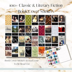 Pode incluir: Uma coleção de mais de 100 autocolantes de capas de livros de ficção clássica e literária. Os autocolantes apresentam várias capas de livros, com o texto "100+ Classic & Literary Fiction Book Cover Stickers" no topo. Os autocolantes são projetados para rastrear uma "Lista de leitura".