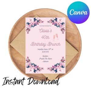 Bewerkbare 40e verjaardagsuitnodiging brunch - roze bloemen digitale sjabloon - bewerkbare canva - direct downloaden