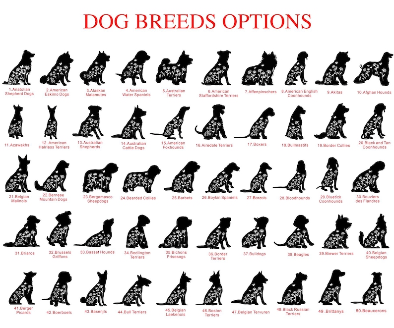 May include: A black and white graphic featuring silhouettes of various dog breeds, including Afghan Hounds, Beagles, and Bulldogs. The text "DOG BREEDS OPTIONS" is at the top.