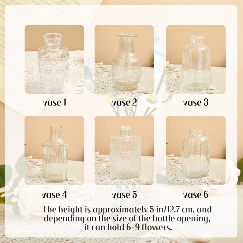 May include: Six clear glass vases labeled vase 1 through vase 6, each with a unique shape and texture. The text states the height is approximately 5 inches, and depending on the size of the bottle opening, it can hold 6-9 flowers.