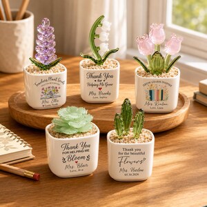 Mini Glass Plant Pot with Name, Custom Teacher Appreciation Gifts, Handmade Stained Glass Flower Pot, Small Office Table Decor