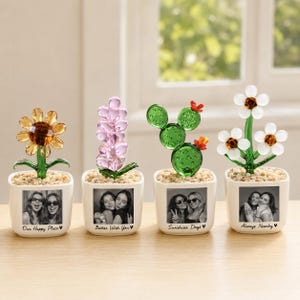 Könnte beinhalten: Vier Glaspflanzen-Figuren in weißen quadratischen Töpfen, jeweils mit einem Schwarz-Weiß-Foto und Text. Von links: eine gelbe Sonnenblume mit 'Our Happy Place', ein rosa Blütenstand mit 'Better With You', ein grüner Kaktus mit 'Sunshine Days' und weiße Blumen mit 'Always Nearby'.