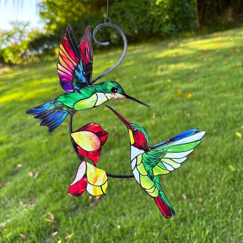 Hummingbird Stained Glass Bird Suncatcher, Handmade Glass Hummingbird