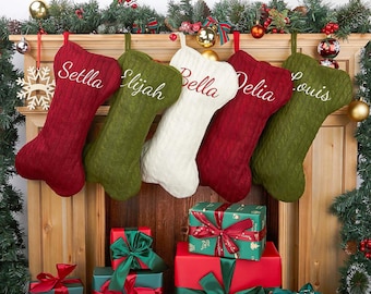 Personalized Dog Bone Christmas Stocking, Embroidered Knit Holiday Pet Gift