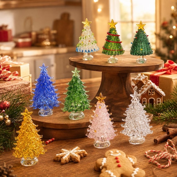 Handgefertigter Weihnachtsbaum aus Buntglas, beleuchteter Mini- Weihnachtsbaum aus Glas, Glasfiguren, Tischdekoration für Zuhause