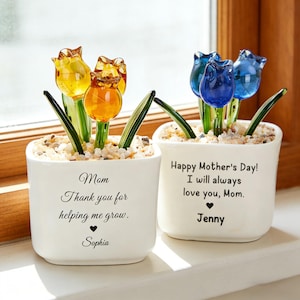 Può includere: Due vasi di ceramica bianca con tulipani di vetro. Un vaso ha tulipani gialli e arancioni, l'altro ha tulipani blu. Il testo sui vasi recita "Mamma, Grazie per avermi aiutato a crescere, Sophia" e "Buona festa della mamma! Ti amerò per sempre, Mamma, Jenny."