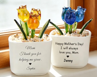 Personalized Glass Tulip Flower Pot, Hand Blown Everlasting Tulips, Mother's Day Gift