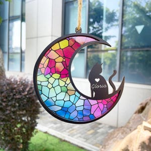 Personalized Cat on Moon Suncatcher, Custom Cat Memorial Suncatcher, Loss of Pet Sympathy Gift, Handcrafted Suncatchers, Cat Memorial Gift