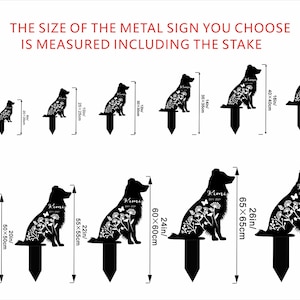 May include: Black metal dog silhouette garden stakes in various sizes, with floral and butterfly designs. The text "Kimi" is visible on some stakes. Sizes range from 6in to 28in (15cm to 70cm) including the stake, as indicated in the image.