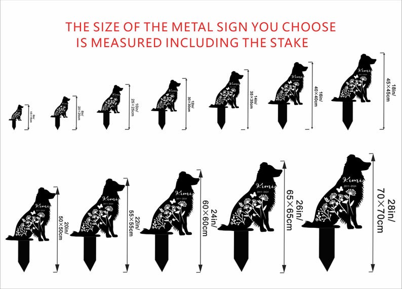 May include: Black metal dog silhouette garden stakes in various sizes, with floral and butterfly designs. The text "Kimi" is visible on some stakes. Sizes range from 6in to 28in (15cm to 70cm) including the stake, as indicated in the image.