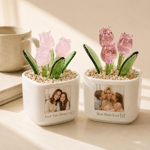 Personalized Bestie Photo Glass Tulip Flower Pot, Best Friend Photo Gift, Handmade Glass Flower Pot, Friendship Flower